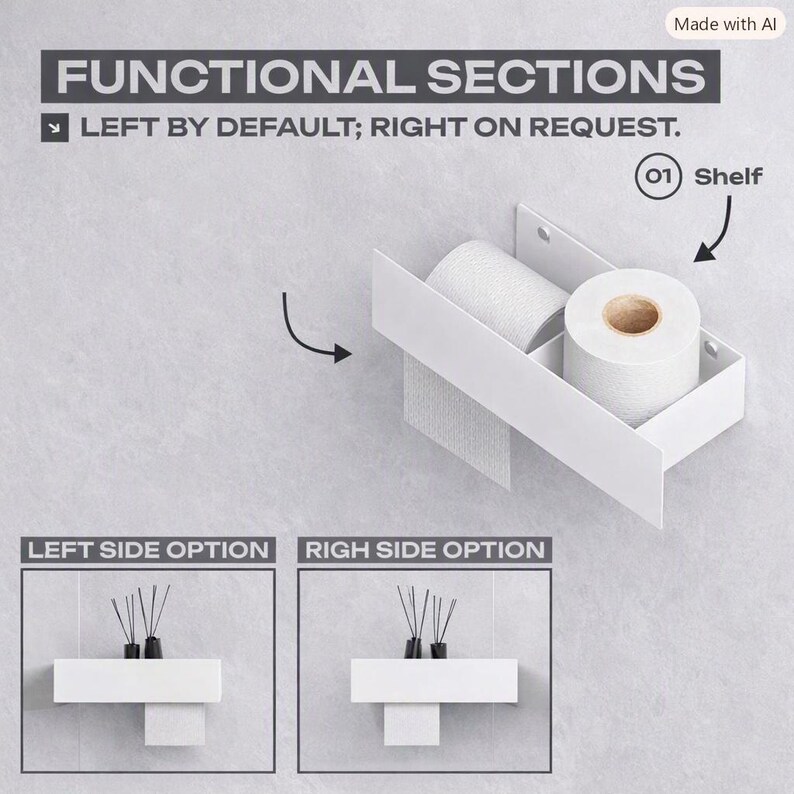 May include: A white wall-mounted bathroom organizer featuring a toilet paper roll holder and a flat shelf. The text reads FUNCTIONAL SECTIONS, LEFT BY DEFAULT; RIGHT ON REQUEST, 01 Shelf, LEFT SIDE OPTION, and RIGH SIDE OPTION.