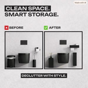 May include: A comparison graphic titled CLEAN SPACE. SMART STORAGE. showing a bathroom before and after organization. The before side features a black trash can, toilet, and brush. The after side displays a wall-mounted shelf and storage unit.