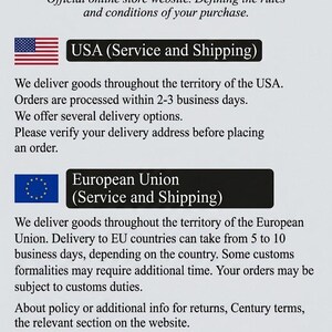 May include: A white informational document titled TERMS OF SERVICE AND SHIPPING INFORMATION. It features text regarding USA and European Union delivery policies, including processing times, business days, and instructions to contact support for further details.