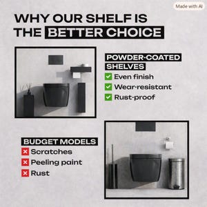 May include: An infographic comparing powder-coated shelves to budget models. The text reads: WHY OUR SHELF IS THE BETTER CHOICE. POWDER-COATED SHELVES: Even finish, Wear-resistant, Rust-proof. BUDGET MODELS: Scratches, Peeling paint, Rust. Images show black bathroom accessories.