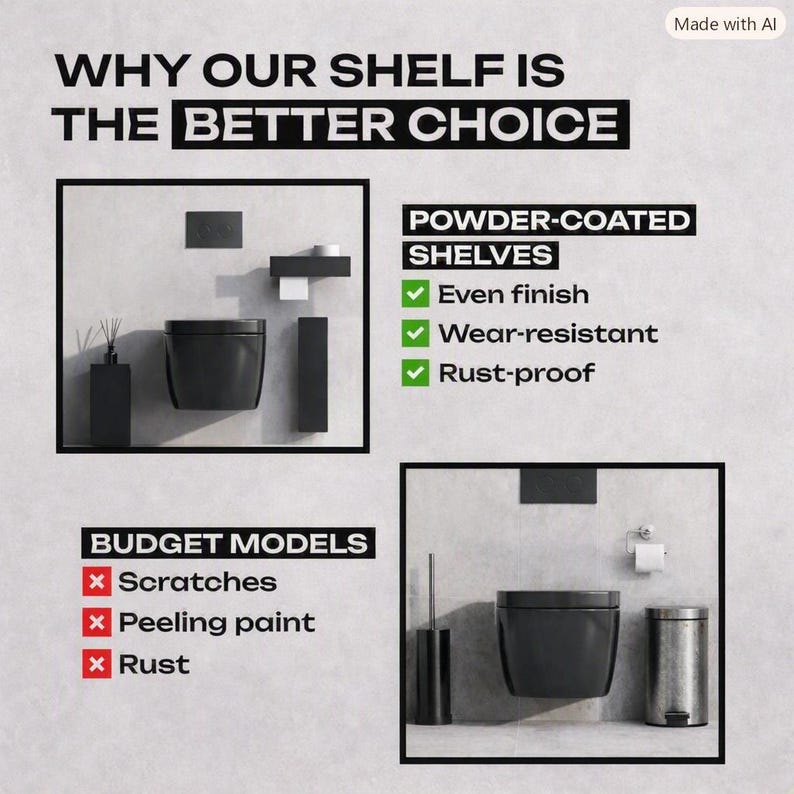 May include: An infographic comparing powder-coated shelves to budget models. The text reads: WHY OUR SHELF IS THE BETTER CHOICE. POWDER-COATED SHELVES: Even finish, Wear-resistant, Rust-proof. BUDGET MODELS: Scratches, Peeling paint, Rust. Images show black bathroom accessories.