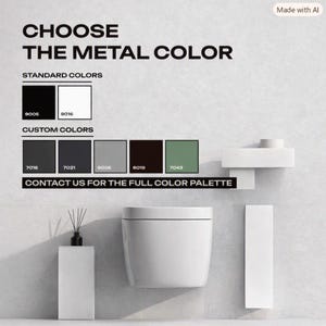 May include: A color selection chart for metal finishes featuring standard colors 9005 and 9016, and custom colors 7016, 7021, 9006, 8019, and 7043. The text reads CHOOSE THE METAL COLOR, STANDARD COLORS, CUSTOM COLORS, and CONTACT US FOR THE FULL COLOR PALETTE.