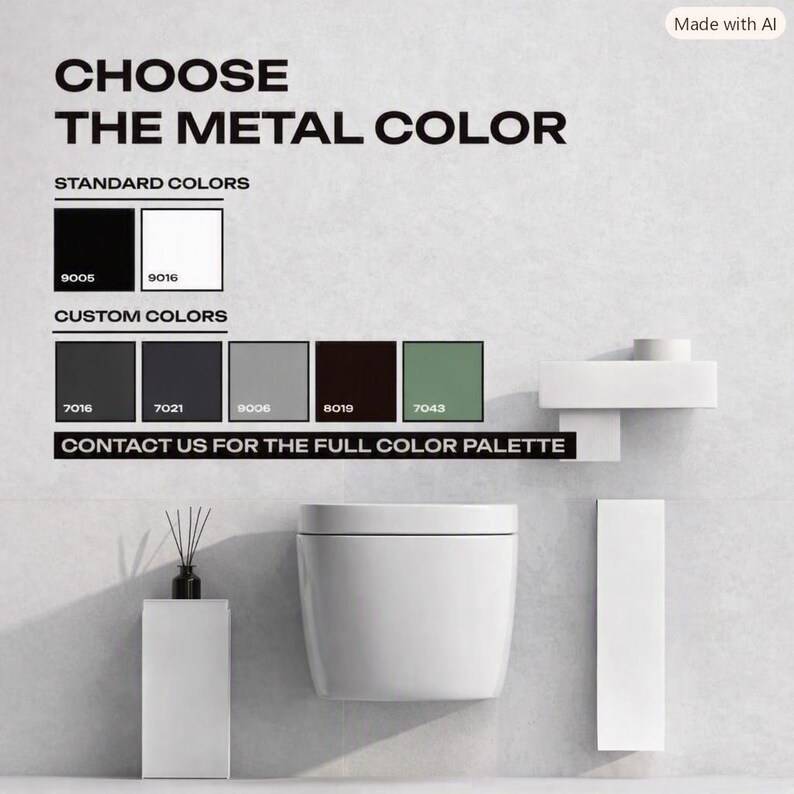 May include: A color selection chart for metal finishes featuring standard colors 9005 and 9016, and custom colors 7016, 7021, 9006, 8019, and 7043. The text reads CHOOSE THE METAL COLOR, STANDARD COLORS, CUSTOM COLORS, and CONTACT US FOR THE FULL COLOR PALETTE.