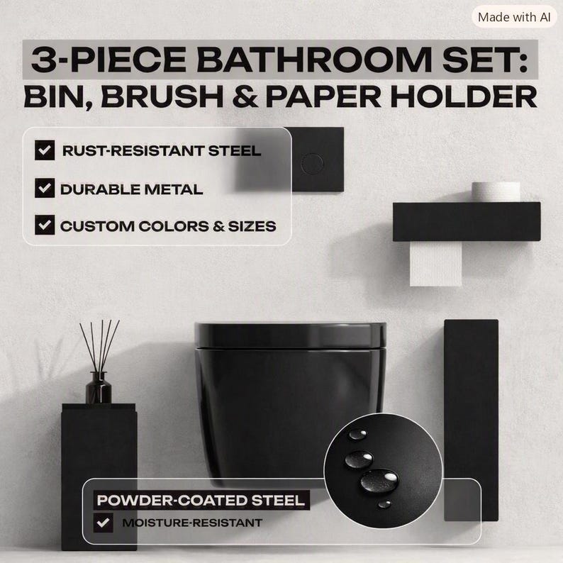 May include: A 3-piece bathroom set featuring a black bin, a toilet brush holder, and a paper holder. The text reads 3-PIECE BATHROOM SET: BIN, BRUSH & PAPER HOLDER, RUST-RESISTANT STEEL, DURABLE METAL, CUSTOM COLORS & SIZES, POWDER-COATED STEEL, MOISTURE-RESISTANT.