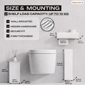 May include: A white wall-mounted shelf system with text detailing size and mounting specifications. Features include a 10 kg load capacity, hidden hardware, and 2 mm thickness. Dimensions are provided in inches and centimeters for various components.