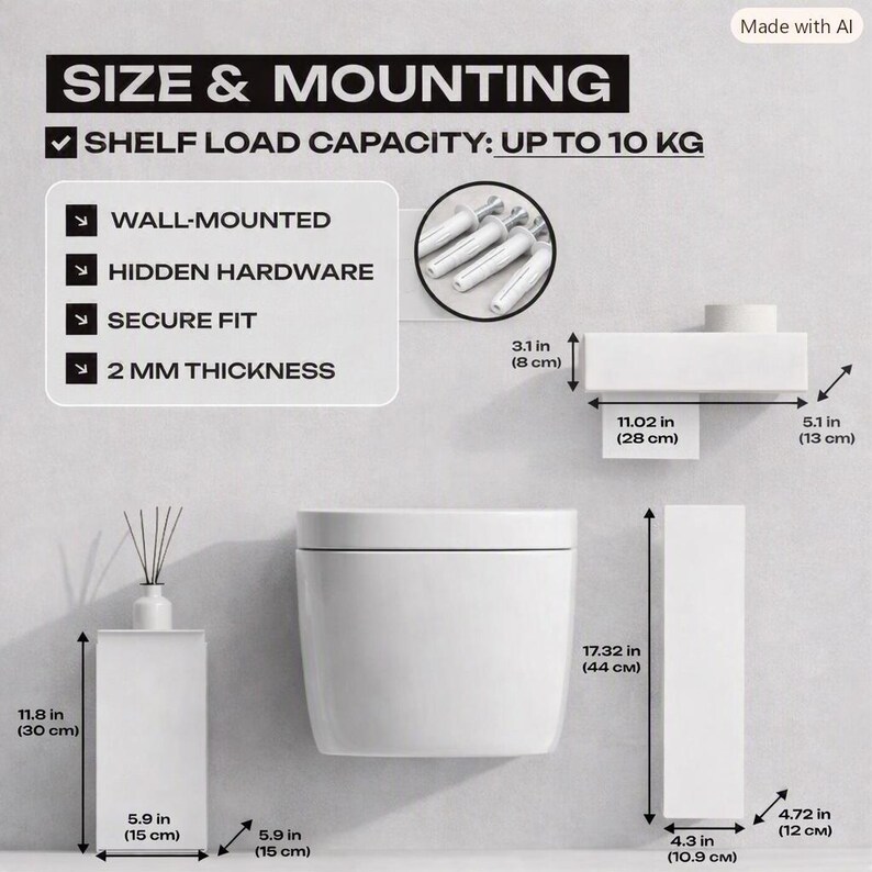 May include: A white wall-mounted shelf system with text detailing size and mounting specifications. Features include a 10 kg load capacity, hidden hardware, and 2 mm thickness. Dimensions are provided in inches and centimeters for various components.