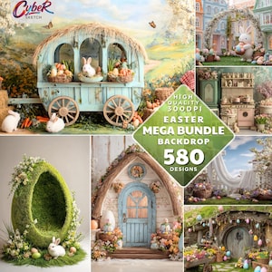 May include: A collage of Easter-themed backdrops. Features include a blue wagon with bunnies and eggs, an egg-shaped chair, and a fairy-tale cottage. The image also includes text that reads "Easter Mega Bundle Backdrop 580 Designs."