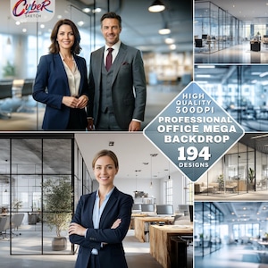 以下が含まれることがあります： ビジネスプロフェッショナルとオフィスインテリアをフィーチャーした合成画像。画像には「Cyber Sketch」と「High Quality 300DPI Professional Office Mega Backdrop 194 Designs」というテキストが含まれています。