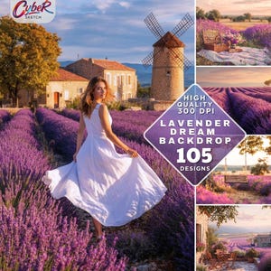 Może przedstawiać: Kobieta w białej sukience stoi na polu lawendy, z wiatrakiem i budynkami w tle. Obraz zawiera graficzny diament z napisem "Lavender Dream Backdrop" i "105 Designs."