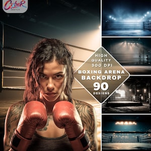 May include: A composite image featuring a woman in a boxing ring, wearing red gloves, with a backdrop of various boxing arena designs. The image includes the text "Boxing Arena Backdrop" and "90 Designs". The Cyber Sketch logo is in the upper left corner.