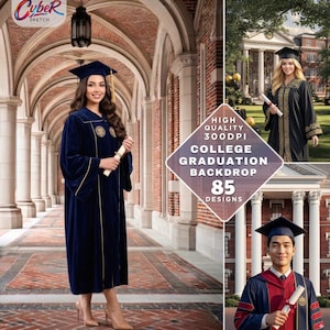 May include: A collage of graduation images. A woman in a navy blue graduation gown and cap stands in a brick hallway. Other images show graduates in black and red gowns. The text reads "College Graduation Backdrop 85 Designs."