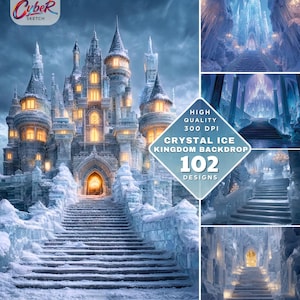 Puede incluir: Imagen de arte digital de un castillo cubierto de nieve con ventanas iluminadas y una escalera. Incluye el texto "Cyber Sketch" y "Crystal Ice Kingdom Backdrop, 102 Designs."