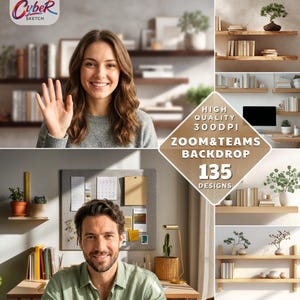 135 Professional Zoom Backgrounds, Modern Bookshelf Office (Digital Download)