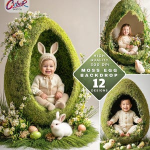 May include: A composite image showing three children in moss-covered egg-shaped backdrops. The children wear cream-coloured outfits and bunny hats. The backdrop includes flowers, eggs, and a white rabbit. Text on the image reads "MOSS EGG BACKDROP 12 DESIGNS".