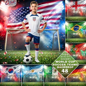 May include: A young person in a white and blue soccer uniform stands on a soccer ball in front of a goal. The background features the American flag and other flags. The image includes text that says "World Cup Soccer Teams Backdrop 48 Designs."