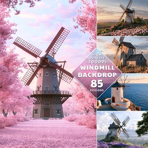 May include: A collection of windmill backdrop designs. The main image features a gray windmill surrounded by pink flowering trees. The image includes a banner that says "Windmill Backdrop 85 Designs". Other images show windmills in various settings.