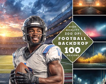 May include: Digital artwork of a football player in a stadium, holding a football. The image includes a football backdrop with 100 designs. The text reads "High Quality 300 DPI Football Backdrop".