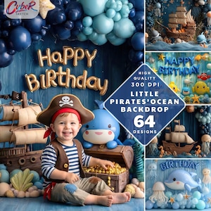 May include: A child in a pirate costume sits in front of a backdrop with a pirate ship, treasure chest, and balloons. The backdrop reads "Happy Birthday" and "Little Pirates' Ocean Backdrop 64 Designs."