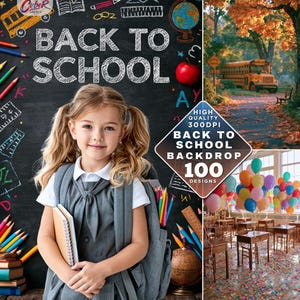 以下が含まれることがあります： BACK TO SCHOOLの文字が書かれた黒板、秋の風景の中のスクールバス、カラフルな風船で飾られた教室など、デジタル背景コレクション。鉛筆や地球儀などの学用品がデザインに含まれています。