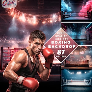 Pode incluir: Uma imagem composta com um boxeador num ringue, usando luvas vermelhas, com fundos de vários designs de ringue de boxe. A imagem inclui texto que diz "HIGH QUALITY 300 DPI BOXING BACKDROP 87 DESIGNS."
