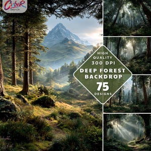 Può includere: Uno sfondo digitale con una scena di foresta profonda con una montagna sullo sfondo. L'immagine include un sentiero, alberi e luce solare. Il testo sull'immagine dice "Deep Forest Backdrop" e "75 Designs".