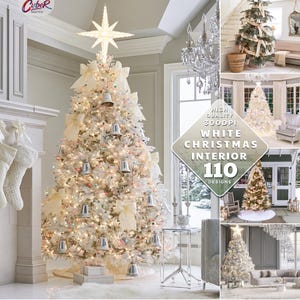 Puede incluir: Un árbol de Navidad blanco decorado con lazos de color crema, adornos de campanas plateadas y una estrella luminosa en la punta. El texto en la imagen dice: HIGH QUALITY 300DPI WHITE CHRISTMAS INTERIOR 110 DESIGNS. El árbol tiene luces cálidas.