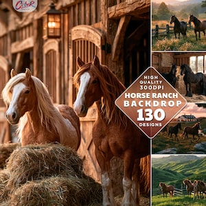 May include: A digital collection of 130 high quality 300DPI horse ranch backdrops featuring various scenes of horses in barns, fields, and landscapes. The imagery includes chestnut and black horses, hay bales, wooden structures, and rolling green hills.