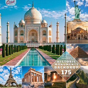 May include: A digital backdrop featuring iconic landmarks, including the Taj Mahal, Statue of Liberty, Eiffel Tower, and Stonehenge. The backdrop is labeled "Historic Monuments Backdrop" with "175 Designs" and "High Quality 300DPI".