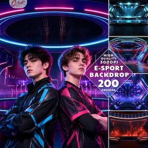 Op de afbeelding: Een digitale collectie van 200 hoogwaardige 300DPI e-sport achtergronden met neonverlichte game-omgevingen, futuristische arena's en abstracte lichtpatronen in blauwe, roze en rode tinten, gepresenteerd als een grafische weergave.