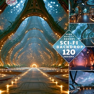 May include: A digital collection of 120 high-quality 300 DPI sci-fi backdrops featuring intricate architectural designs, glowing golden lights, expansive futuristic corridors, and starry cosmic vistas displayed in a multi-panel layout.