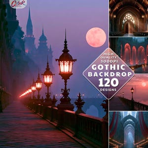 May include: A digital collection of 120 high-quality 300DPI gothic backdrops featuring scenes of illuminated street lamps on a bridge at twilight, arched cathedral interiors, red-lit stone corridors, and grand stone archways with red curtains.