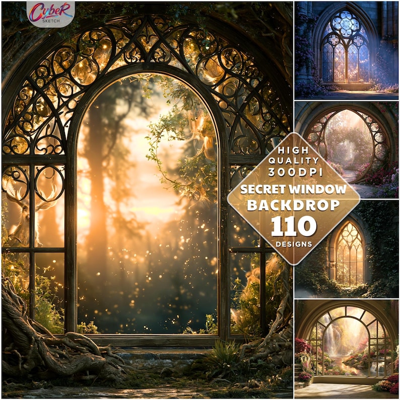Overlooking Design Backdrop Fantasy Secret Window Backdrop Bundle, Enchanted Garden Arch, Fairy ...