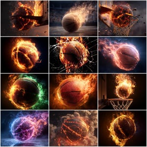 80 Fireball Basketball Digital Backdrops, Flaming Hoop Sports Photography Background (Digital Download) image 2