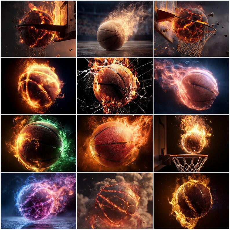 80 Fireball Basketball Digital Backdrops, Flaming Hoop Sports Photography Background (Digital Download) image 2