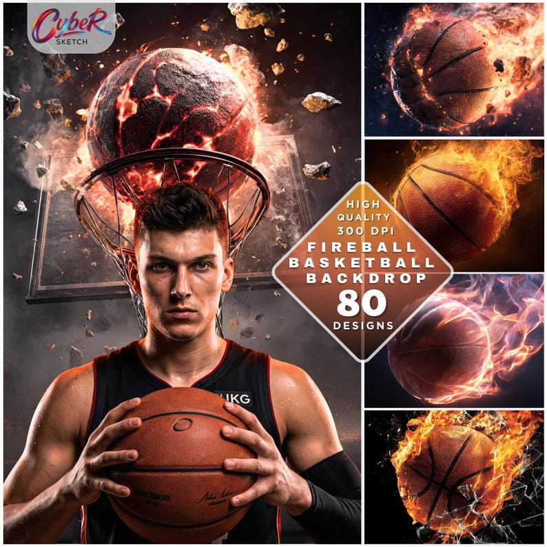 80 Fireball Basketball Digital Backdrops, Flaming Hoop Sports Photography Background (Digital Download) image 1