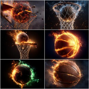 80 Fireball Basketball Digital Backdrops, Flaming Hoop Sports Photography Background (Digital Download) image 6