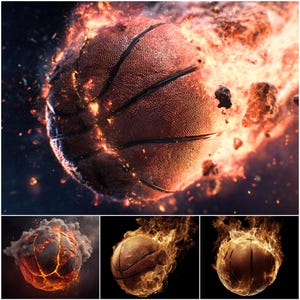 80 Fireball Basketball Digital Backdrops, Flaming Hoop Sports Photography Background (Digital Download) image 4
