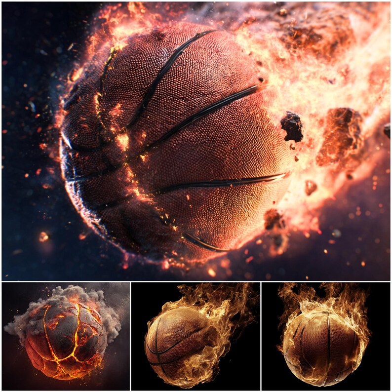 80 Fireball Basketball Digital Backdrops, Flaming Hoop Sports Photography Background (Digital Download) image 4