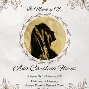 Może przedstawiać: Karta pamiątkowa z sylwetką w okrągłej ramie, ozdobiona motywami kwiatowymi i liściastymi. Tekst zawiera "In Memory Of", imię "Ana Carolina Hores", daty i informacje o zakładzie pogrzebowym.
