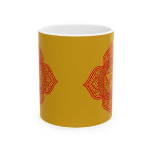 Mug - Red Mandala Pattern Mug | Yellow Background Ceramic Mug