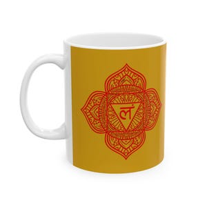 Mug - Red Mandala Pattern Mug | Yellow Background Ceramic Mug