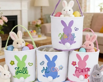 Personalized Easter Basket | Custom Name Bunny Storage Bucket | Embroidered Easter Egg Hunt Pouch Kids Easter Gift | Fabric Basket for Kids