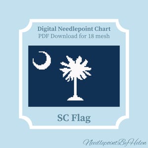 May include: Digital needlepoint chart PDF download featuring the South Carolina state flag. The flag design includes a white crescent moon and a palmetto tree on a dark blue background. The text "SC Flag" is displayed below the flag.
