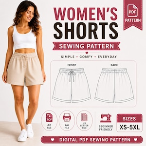 Può includere: Un cartamodello digitale in PDF per pantaloncini, che mostra un paio di shorts beige con vita elasticizzata e coulisse. Il grafico include disegni tecnici fronte e retro, taglie XS-5XL e icone per file in formato A0, A4 e US Letter.