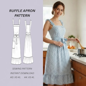 Delantal personalizado con volantes florales (PDF), delantal de cocina vintage personalizado con bolsillo, patrón de delantal de lino con espalda cruzada