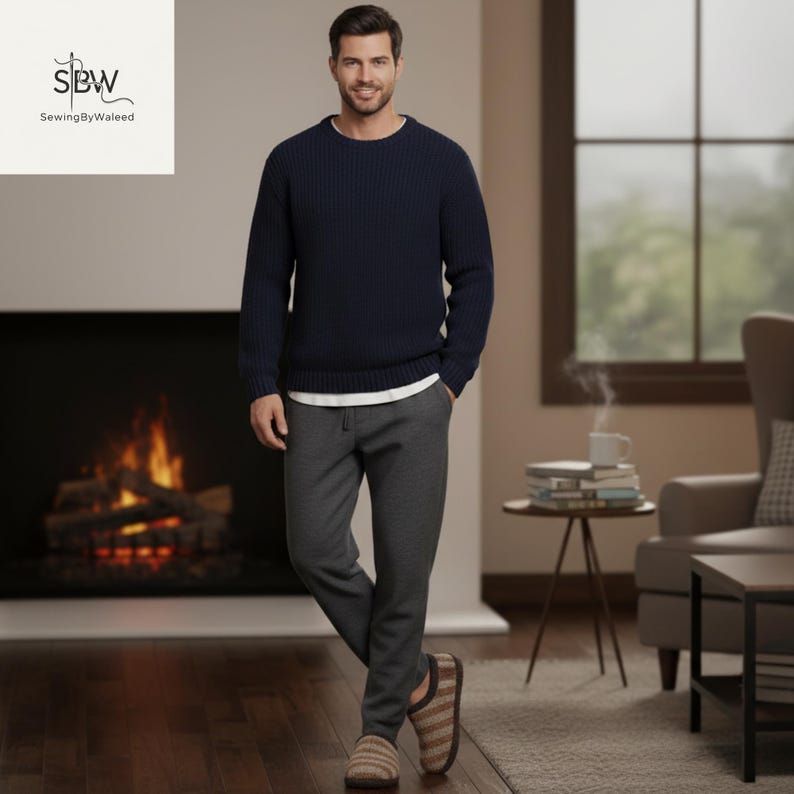 May include: A person wearing a navy blue sweater, gray sweatpants, a white undershirt, and striped slippers. The person is standing in front of a fireplace. The logo "Sewing By Waleed" is in the top left corner.