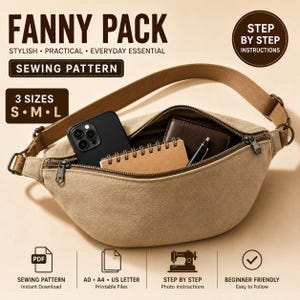 Fanny Pack Sewing Pattern PDF | Crossbody Belt Bag | Waist Bag DIY | Floral Meadow | A0 A4 US Letter | Crescent Bag Easy Beginner Pattern image 1