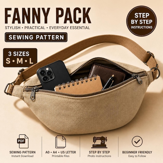 Fanny Pack Sewing Pattern PDF | Crossbody Belt Bag | Waist Bag DIY | Floral Meadow | A0 A4 US Letter | Crescent Bag Easy Beginner Pattern