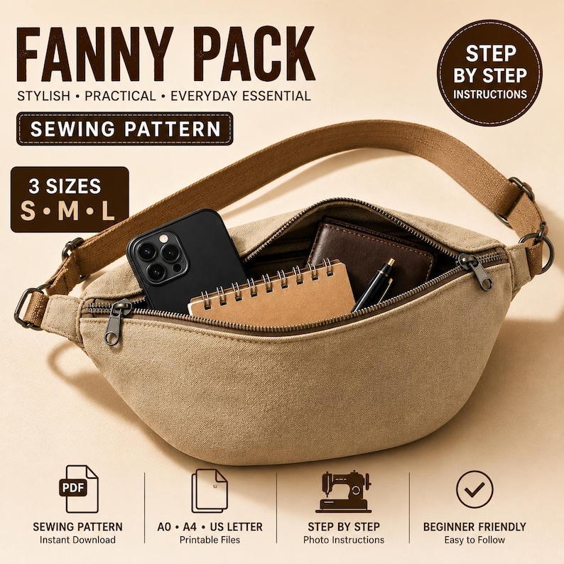 Fanny Pack Sewing Pattern PDF | Crossbody Belt Bag | Waist Bag DIY | Floral Meadow | A0 A4 US Letter | Crescent Bag Easy Beginner Pattern image 1
