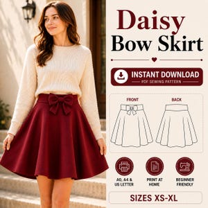 Daisy Bow Skirt Sewing Pattern | A-Line Mini, Micro, Midi Skirt PDF (Instant Download)